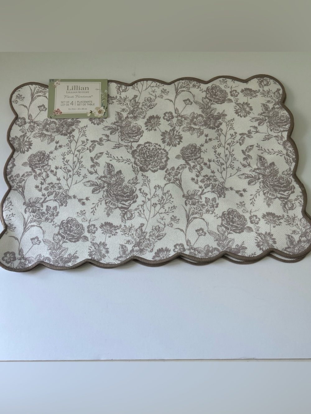 Lillian Home Floral Scalloped Placemat Set-4 Soft Brown Neutral Elegant ChFloral